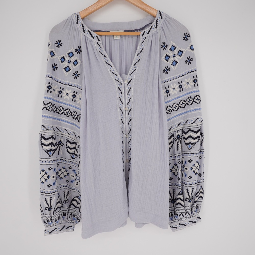 Sundance Embroidered Balloon Sleeve Cotton Gauze Tunic Top L Button Front Boho